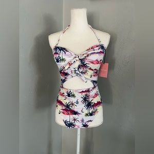 Juicy Couture Front Tie & Smocked Keyhole Palm Print Swimsuit size XL